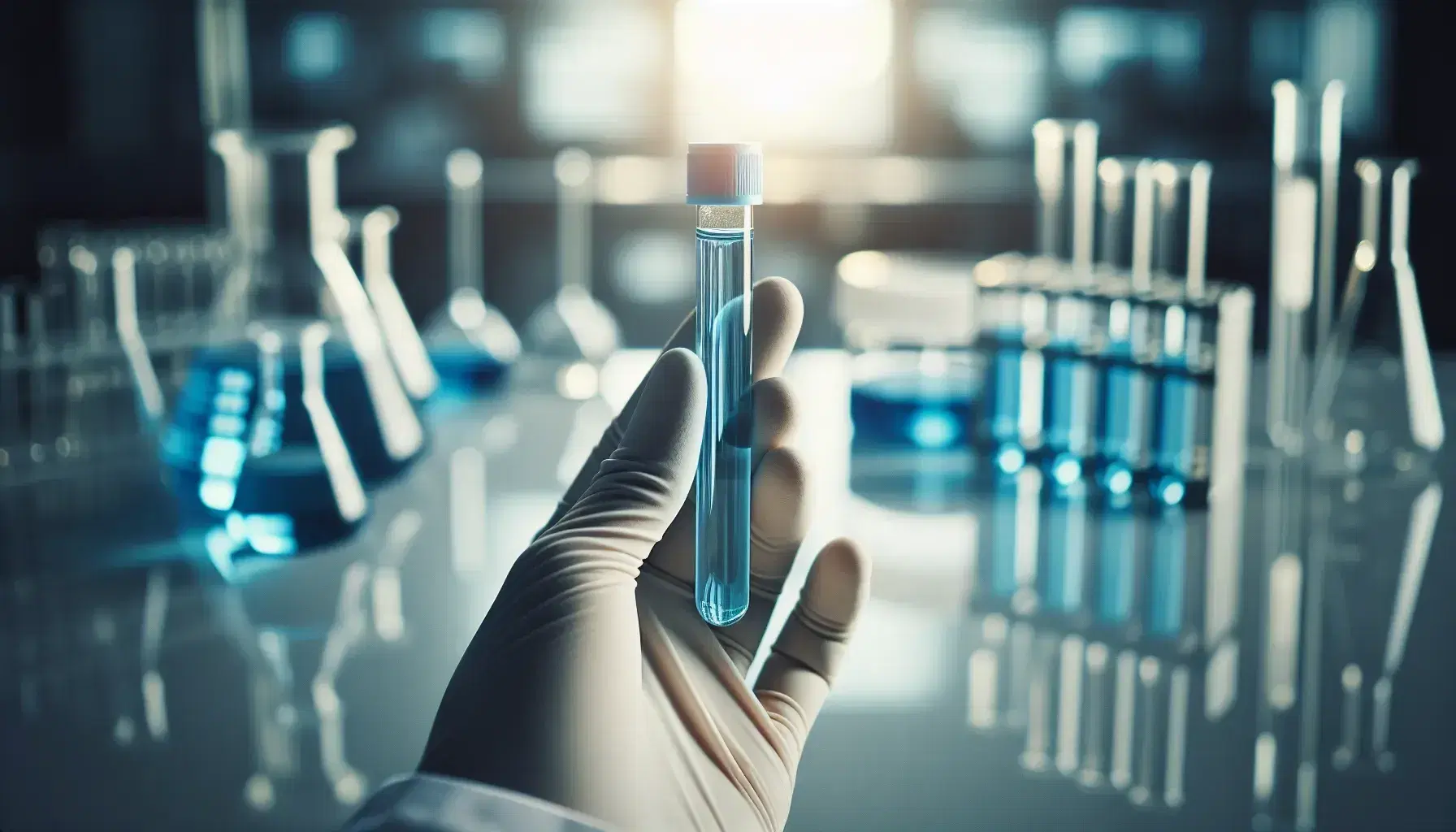 Mano guantata di ricercatore tiene provetta trasparente con liquido blu in laboratorio, sfondo neutro con attrezzature sfocate.