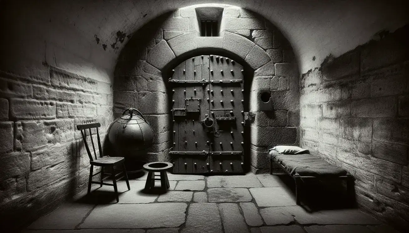 19th-century British prison cell with stone walls, iron bed, wooden stool, chamber pot, barred window, and heavy door with peephole and keyhole.