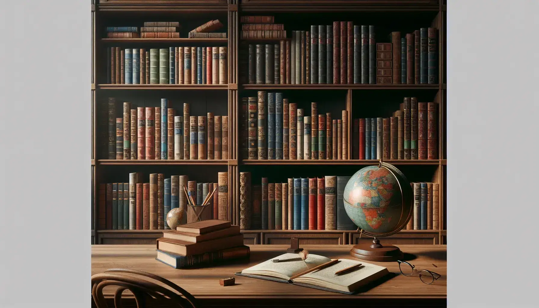 Estantería de madera oscura repleta de libros variados junto a mesa con cuaderno abierto, lápiz, gafas y globo terráqueo antiguo bajo luz natural.
