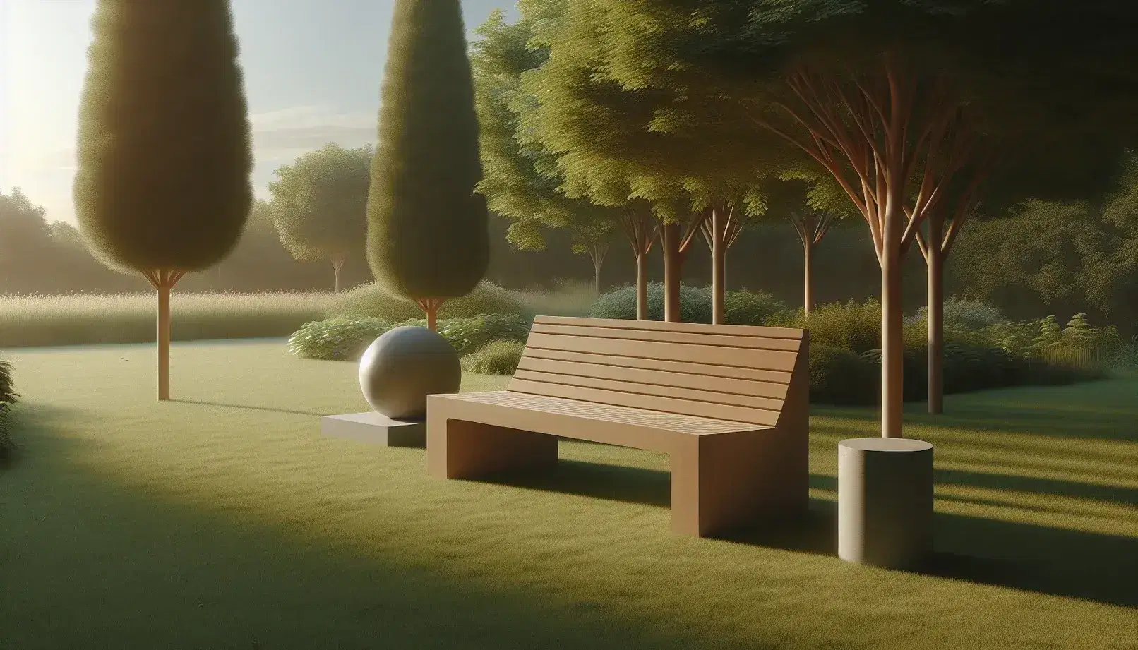 Banco de madera en jardín tranquilo con césped verde, árboles otoñales y escultura esférica, bajo cielo azul claro y luz suave, con figura humana contemplativa.