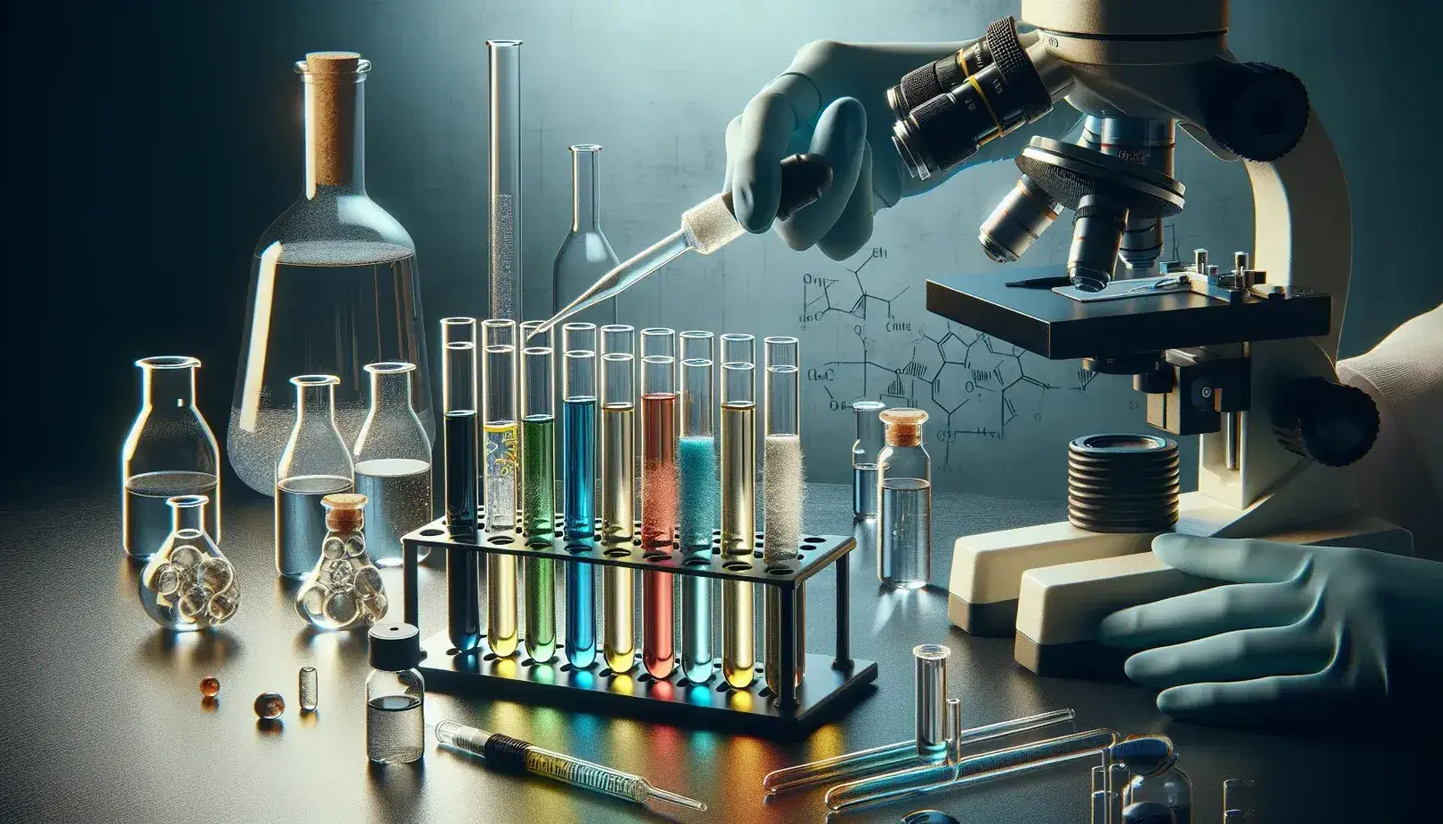 Laboratorio con provette contenenti liquidi colorati, mano con pipetta, microscopio sullo sfondo e becher con liquido trasparente.