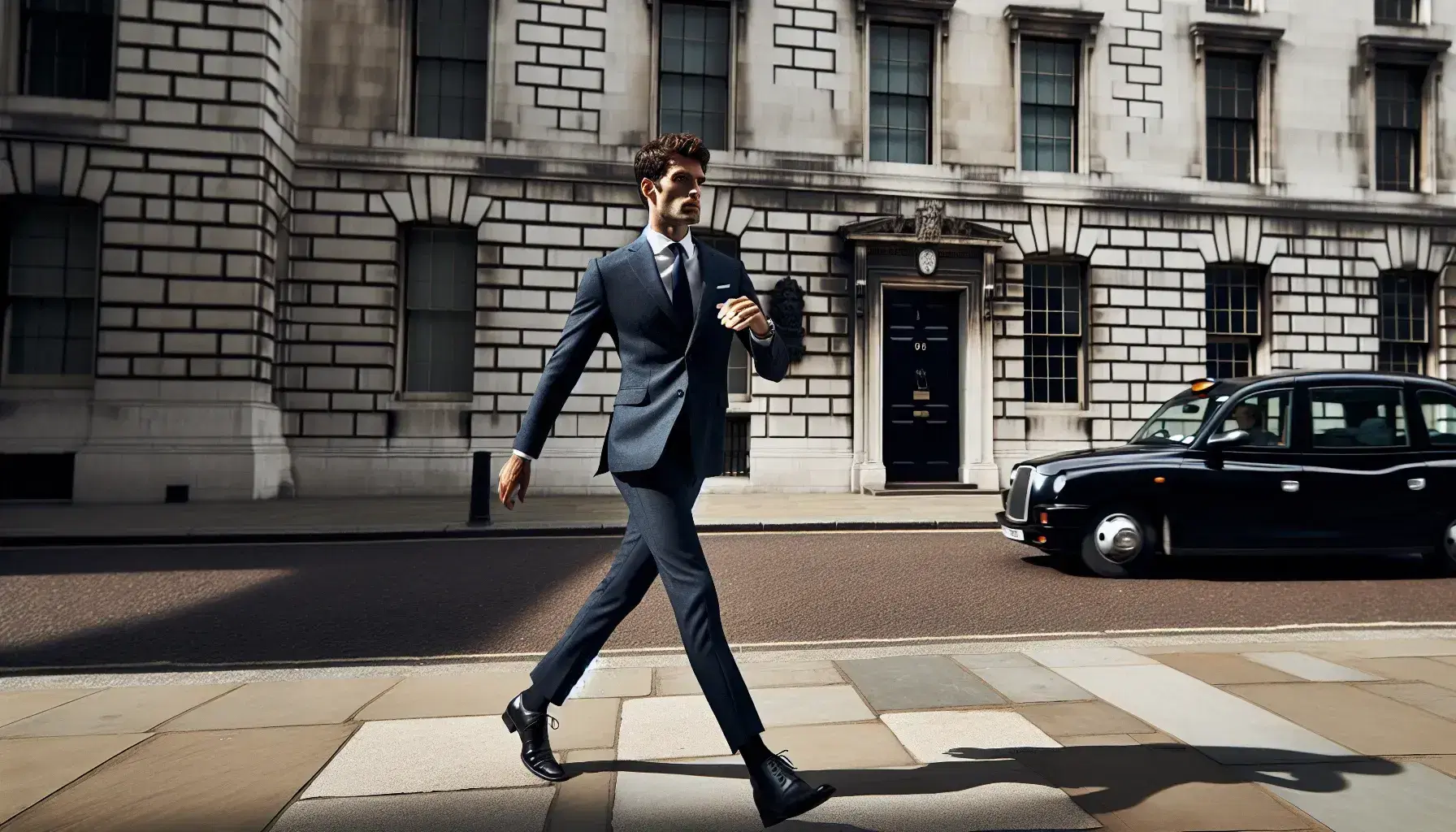 Caucasian businessman in navy suit strides confidently in front of a historic grey stone building, acknowledging someone off-camera, near a black London taxi.