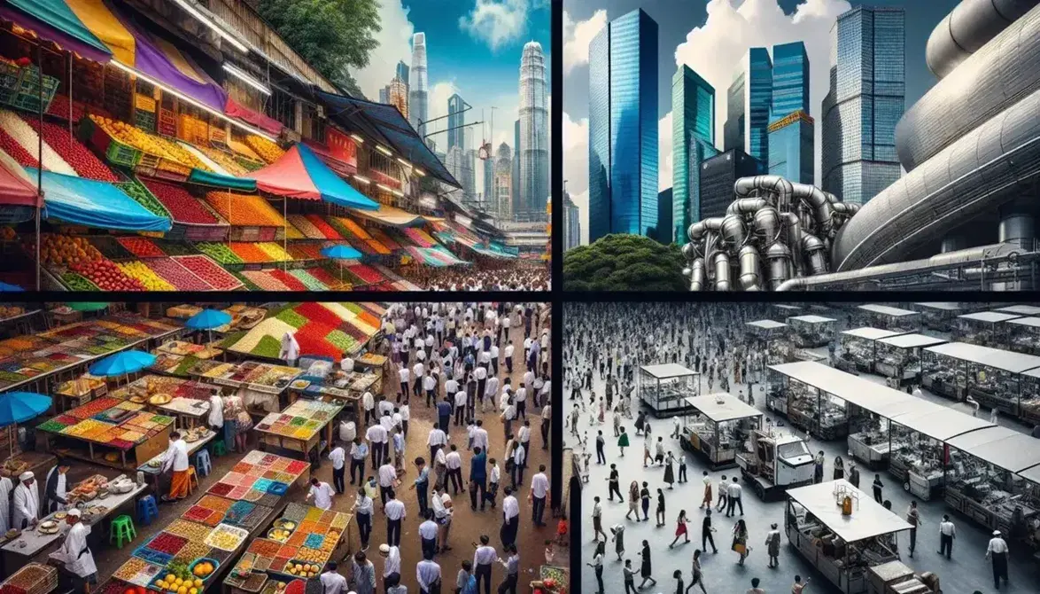 Collage fotografico di scene mondiali: mercato all'aperto colorato, grattacieli in distretto finanziario, linea di montaggio in fabbrica, piazza urbana vivace.