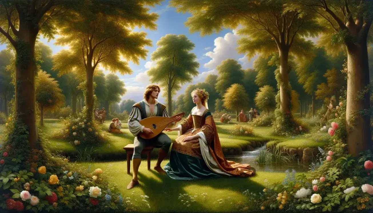 Scena medievale romantica in giardino, con coppia di innamorati, lui suona la lira e lei indica il cielo, circondati da flora rigogliosa e ruscello.