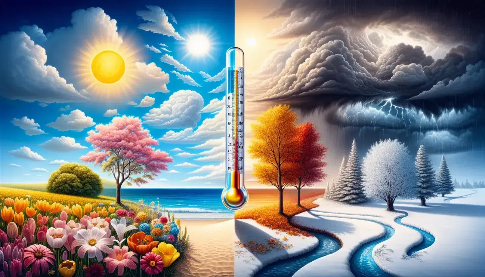 Radiant sun with white cumulus clouds and impending rainstorm, four seasons depicted with blooming flowers, beach scene, autumn foliage, and snowy landscape with mercury thermometer.