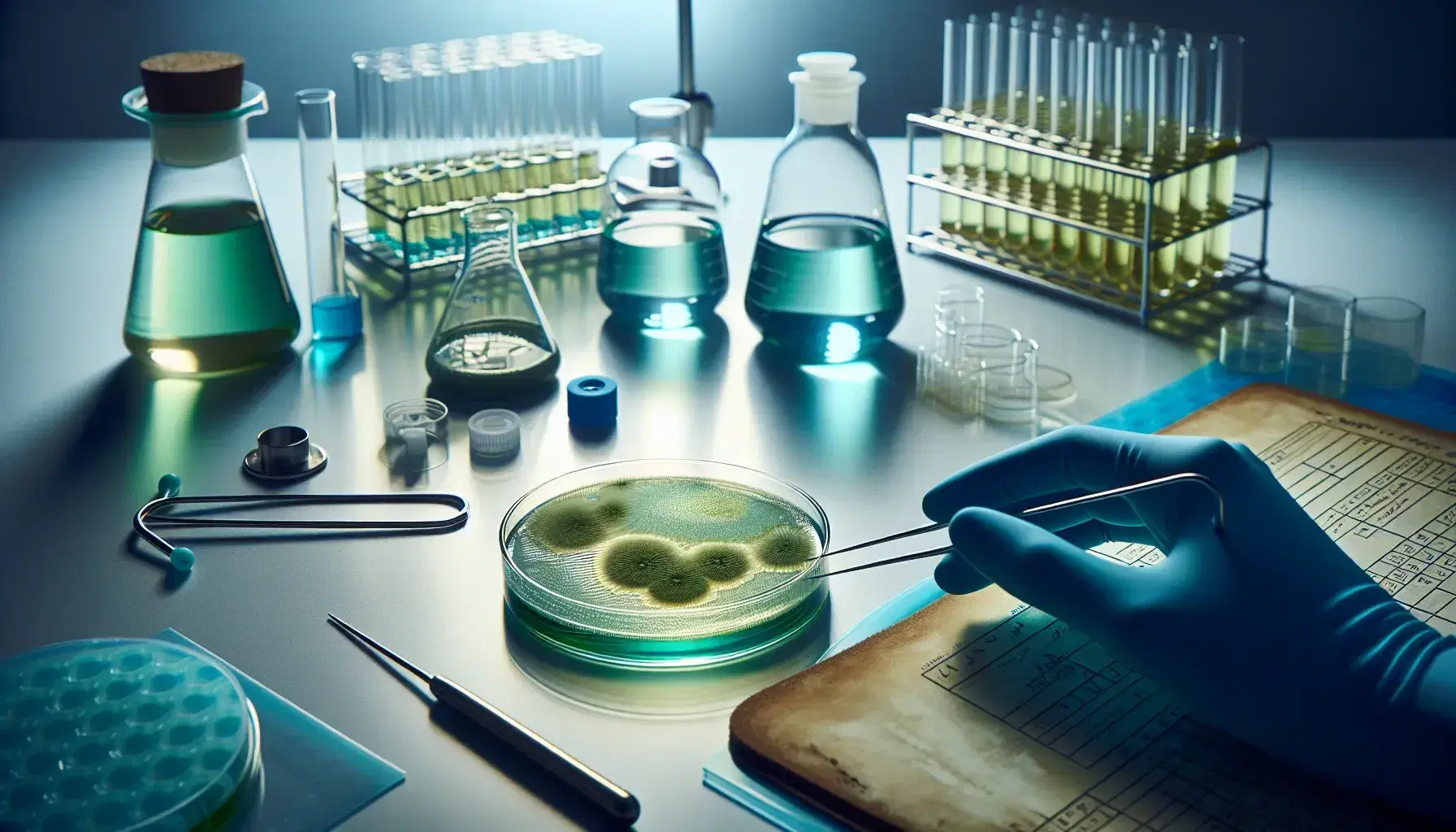 Laboratory bench with petri dish showing green bacterial colonies, sterile inoculating loop on blue mat, and Erlenmeyer flasks in background.