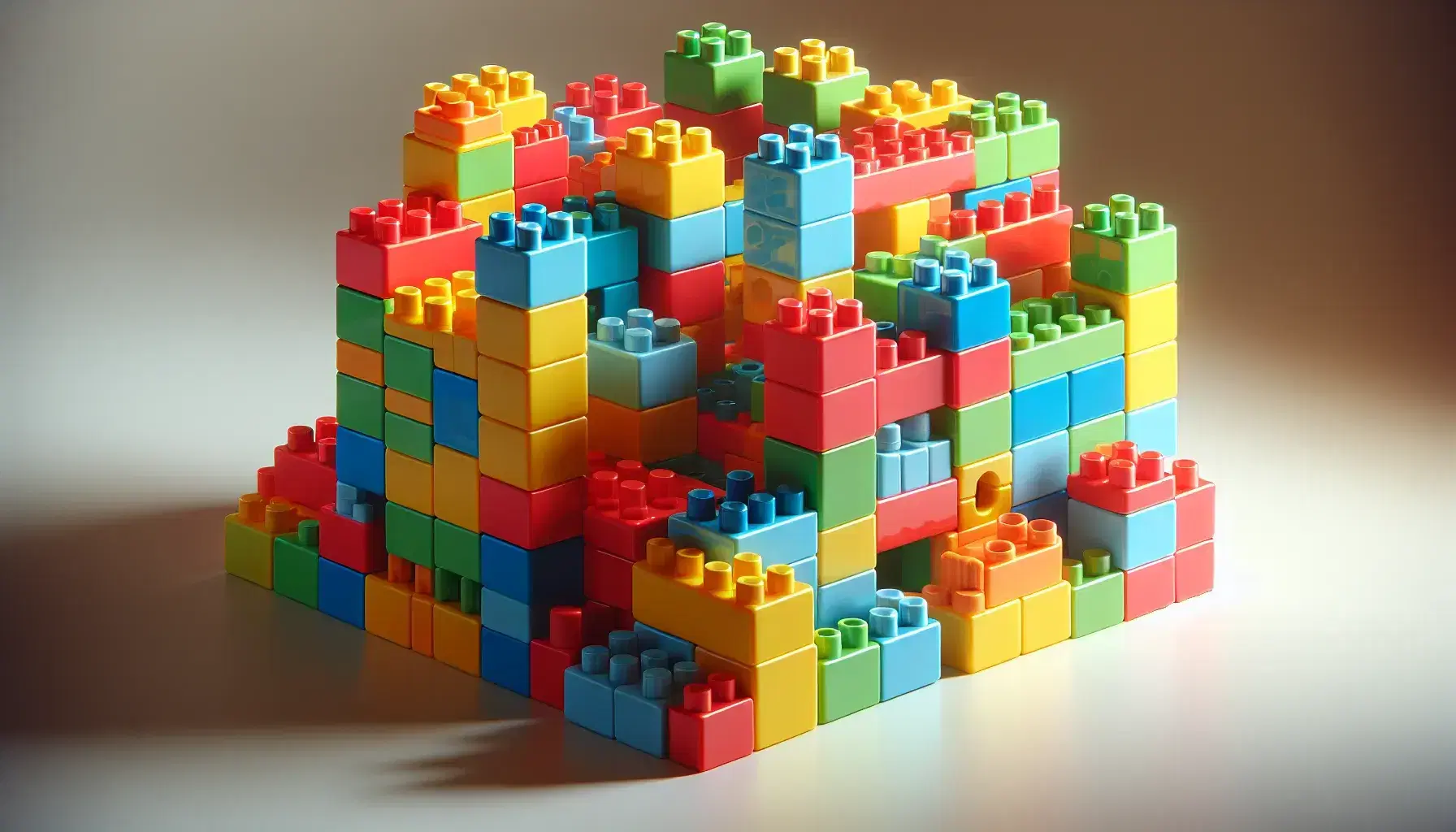 Bloques de construcción de plástico coloridos encajados formando una estructura tridimensional con sombras suaves sobre fondo neutro.
