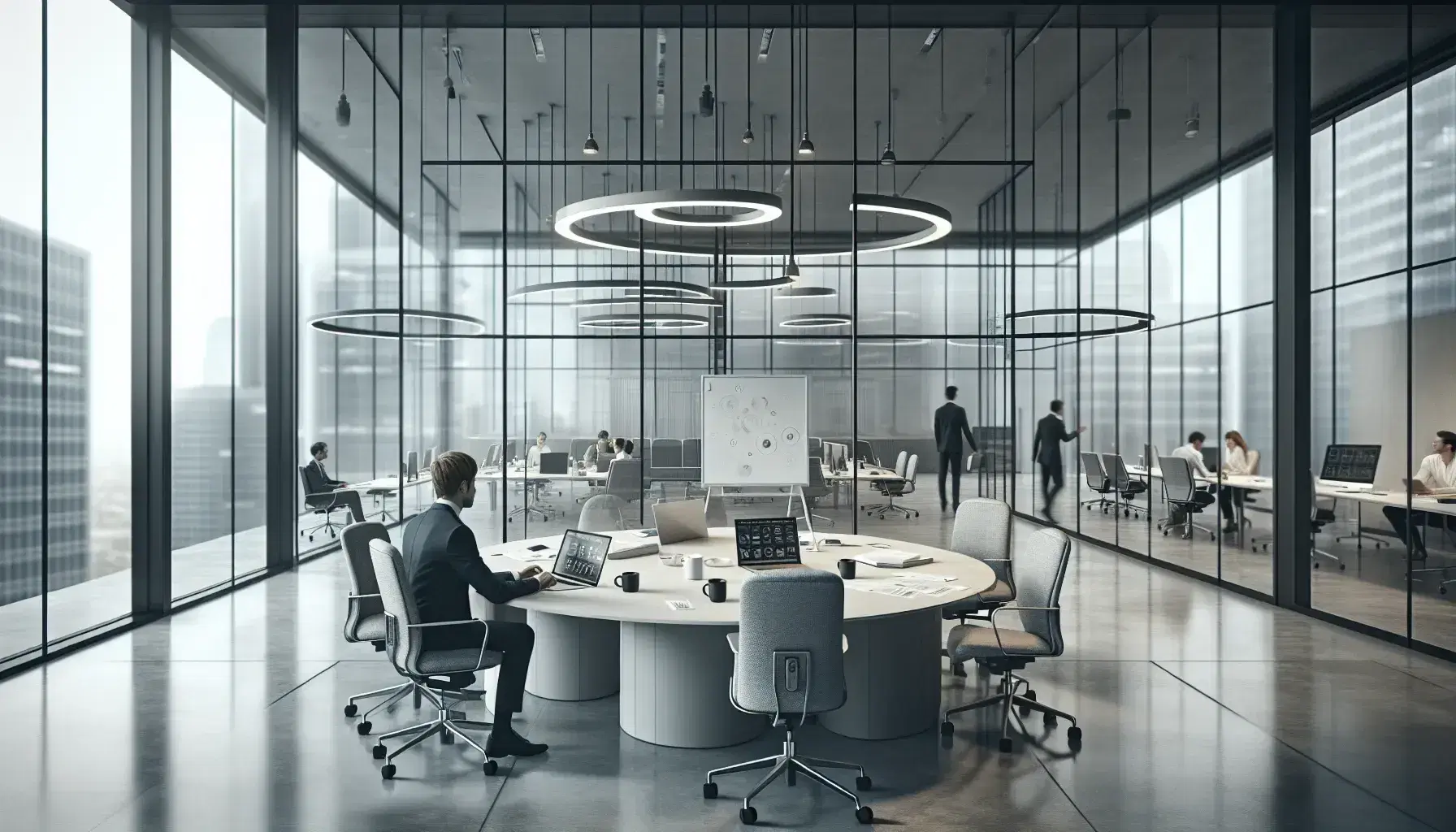 Ufficio moderno con pareti in vetro, tavolo ovale, sedie ergonomiche, laptop e persone che lavorano in team.