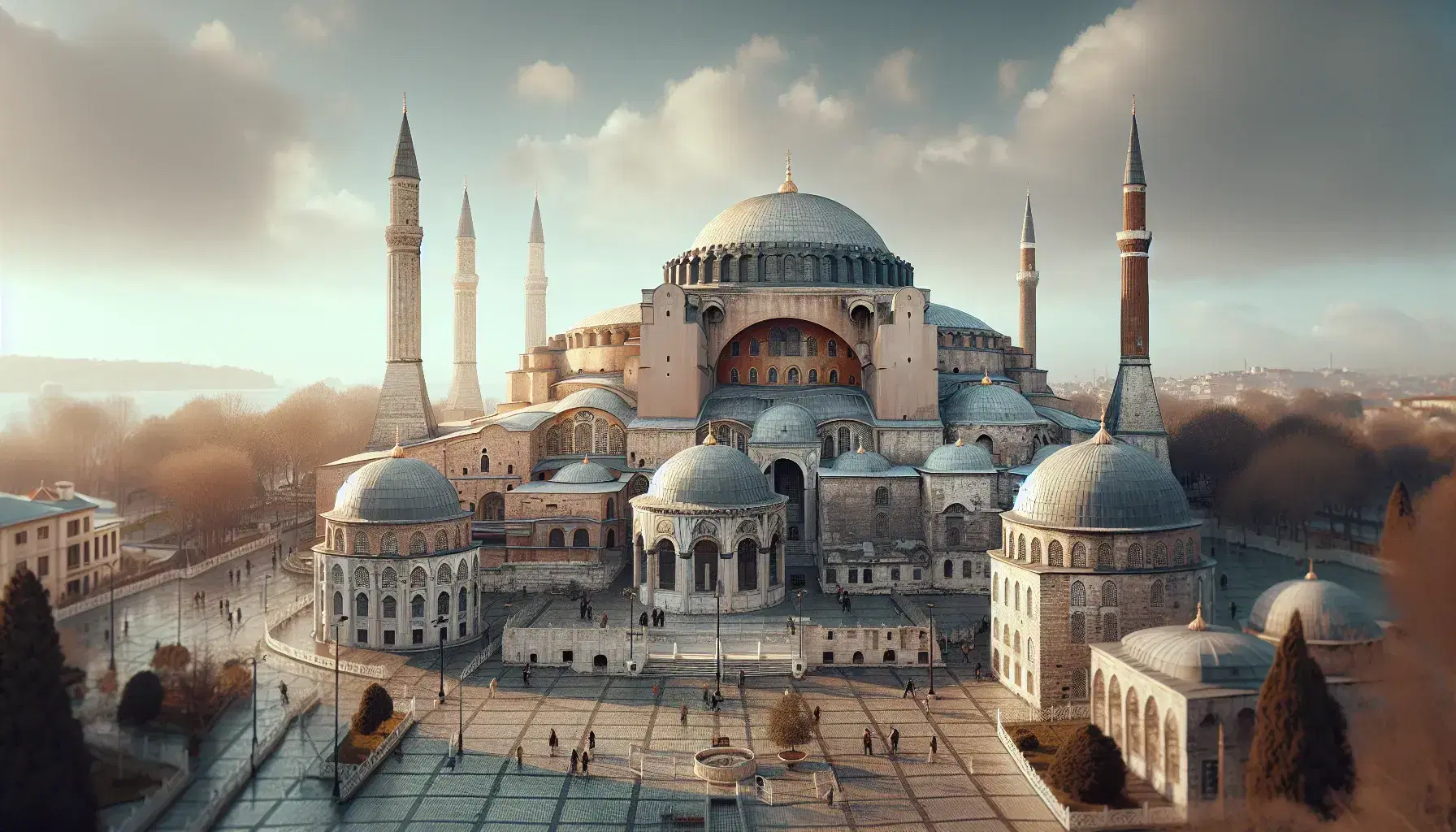 Vista panoramica della Basilica di Santa Sofia a Istanbul con la sua imponente cupola grigia, circondata da turisti e alberi verdi sotto un cielo azzurro.
