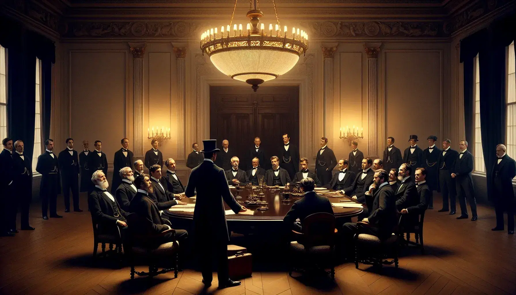 Reunión de caballeros en trajes de época debatiendo alrededor de una mesa de madera en una sala clásica con candelabro.