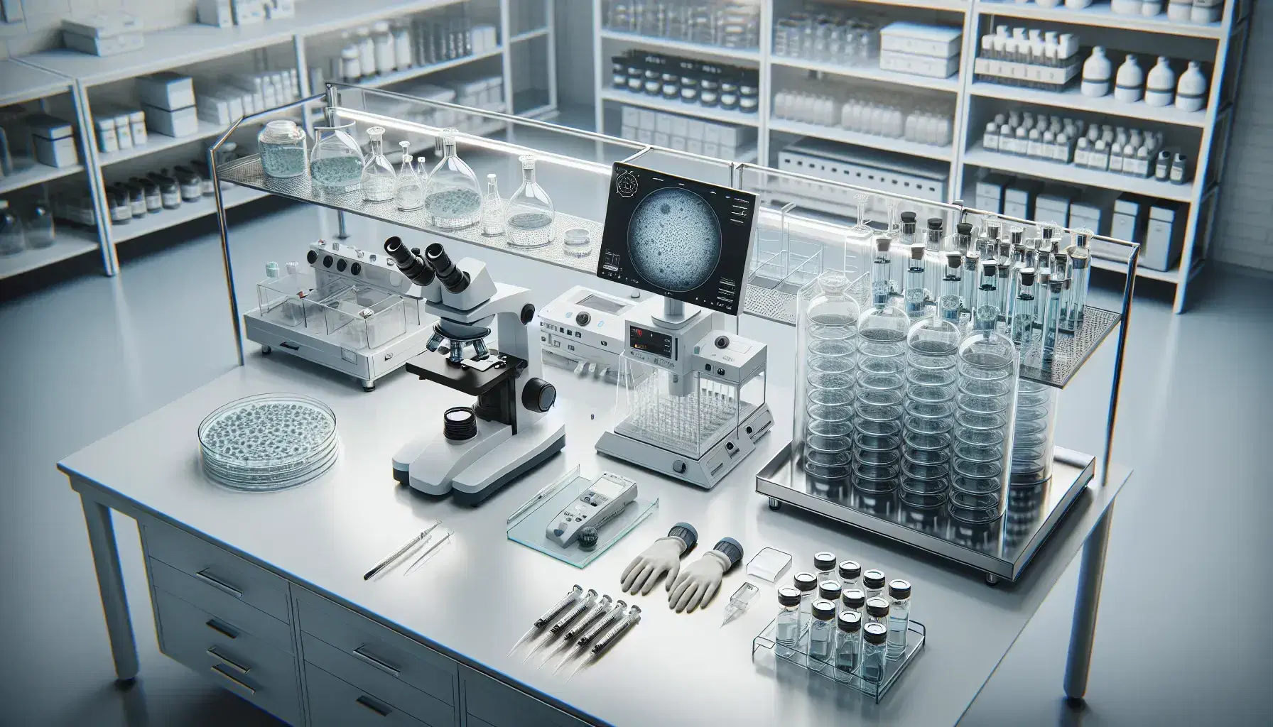 Vista aérea de un laboratorio de investigación biomédica con mesa de trabajo, microscopios avanzados, placas de Petri, pipetas y frascos con líquidos, bajo iluminación fluorescente.
