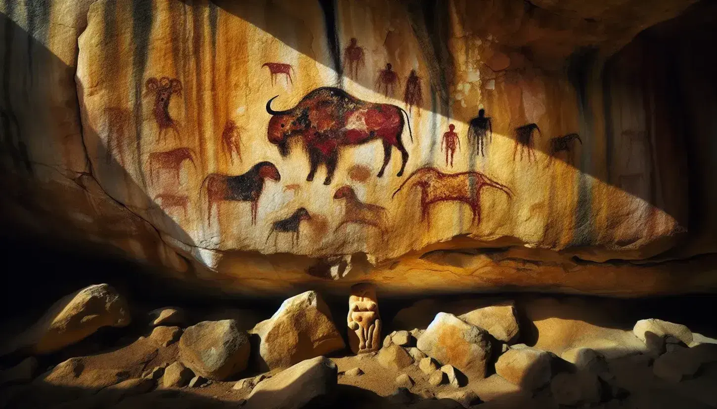 Pitture rupestri di bisonte e cavallo con figure umane stilizzate su parete rocciosa, statuetta paleolitica femminile in ombra.