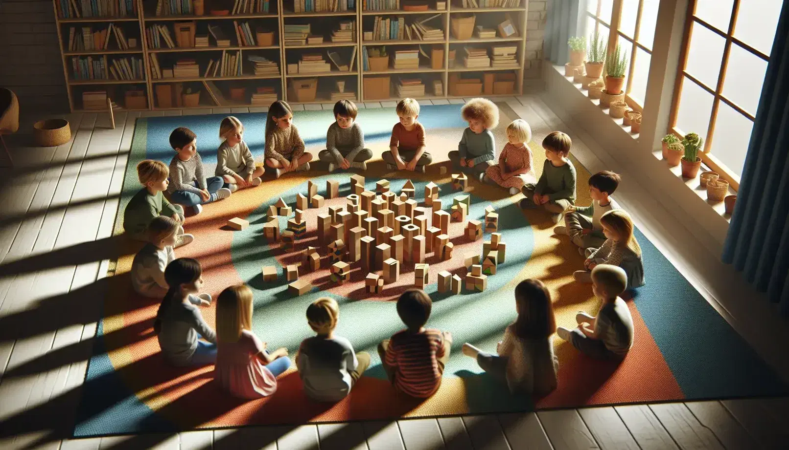 Niños de diversas edades y orígenes sentados en círculo sobre alfombra colorida, jugando con bloques de madera en una habitación iluminada naturalmente.