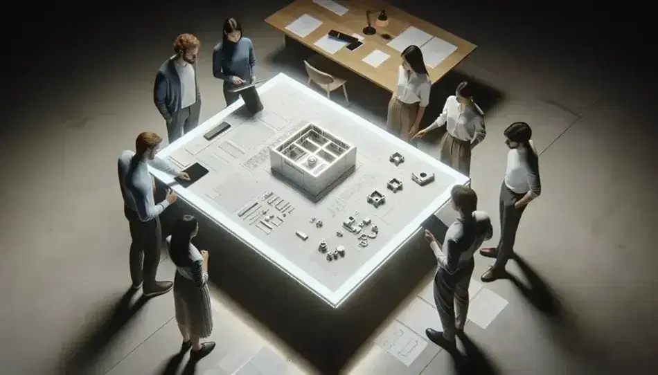 Equipo de cinco profesionales colaborando en la revisión de un prototipo 3D y planos técnicos sobre una mesa de trabajo en una oficina iluminada.