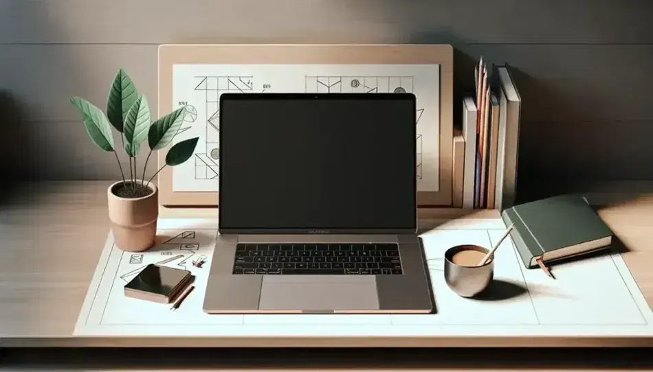 Scrivania in legno chiaro con laptop aperto, pianta verde, tazza di caffè, libro blu e matite colorate, foglio con disegni geometrici.
