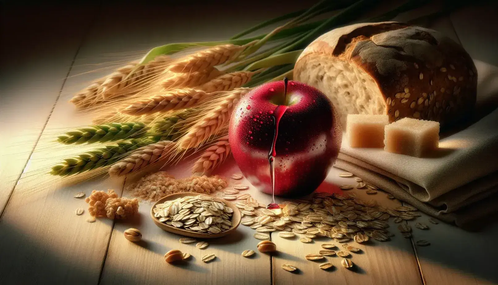 Mela rossa lucida con goccia d'acqua, affiancata da fiocchi d'avena e fetta di pane integrale su superficie in legno chiaro, con sfondo di canne da zucchero.