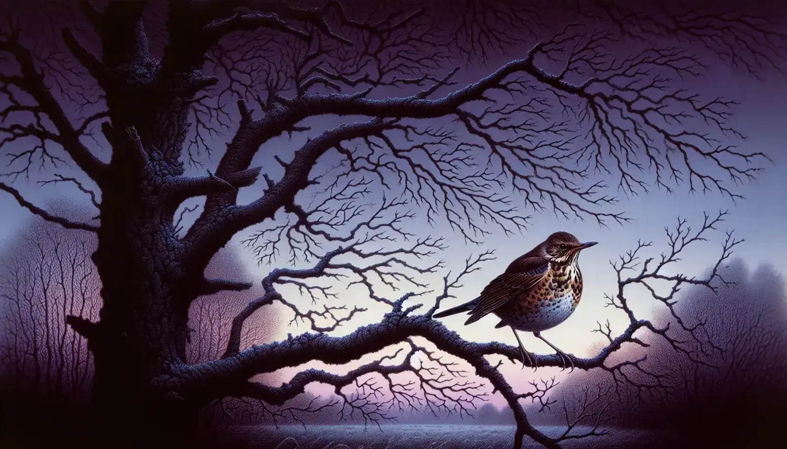 Twilight sky with gradient hues frames a lone thrush on a leafless tree branch, its brown plumage detailed against the evening's onset.