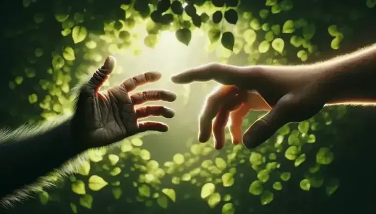 Human hand reaching towards a chimpanzee's outstretched hand amidst a blurred green leafy background, symbolizing connection between species.
