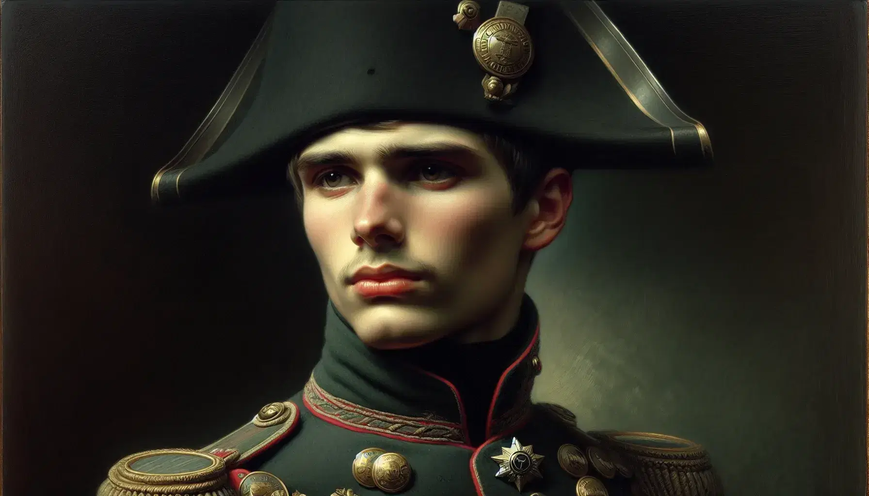 Ritratto in primo piano di figura militare simile a Napoleone Bonaparte con uniforme verde scuro, bicorne nero e decorazioni dorate.