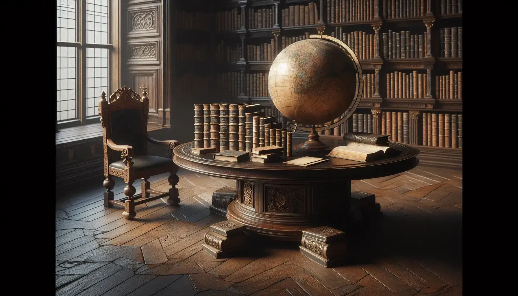 Biblioteca antigua con mesa de madera oscura, libros encuadernados en cuero, globo terráqueo antiguo y silla tallada con cojín de terciopelo rojo bajo luz natural.