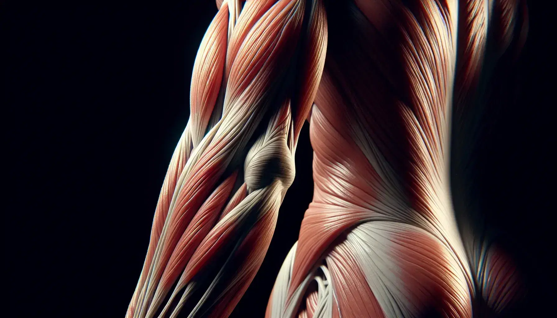 Primo piano di muscolatura umana in contrazione durante esercizio fisico, con evidenza di fibre muscolari e attacco osseo.