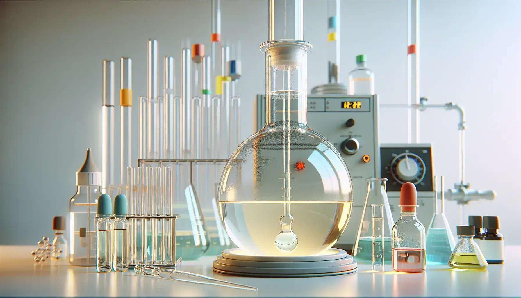 Clean laboratory with round bottom flask and pale yellow liquid on magnetic stirrer, pipette and avenues with colored caps.