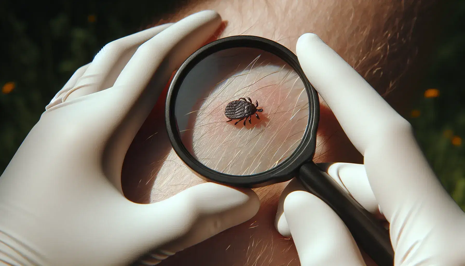 Lupa con mango negro ampliando insecto marrón oscuro en brazo humano con leve irritación cutánea, en un fondo desenfocado verde claro.