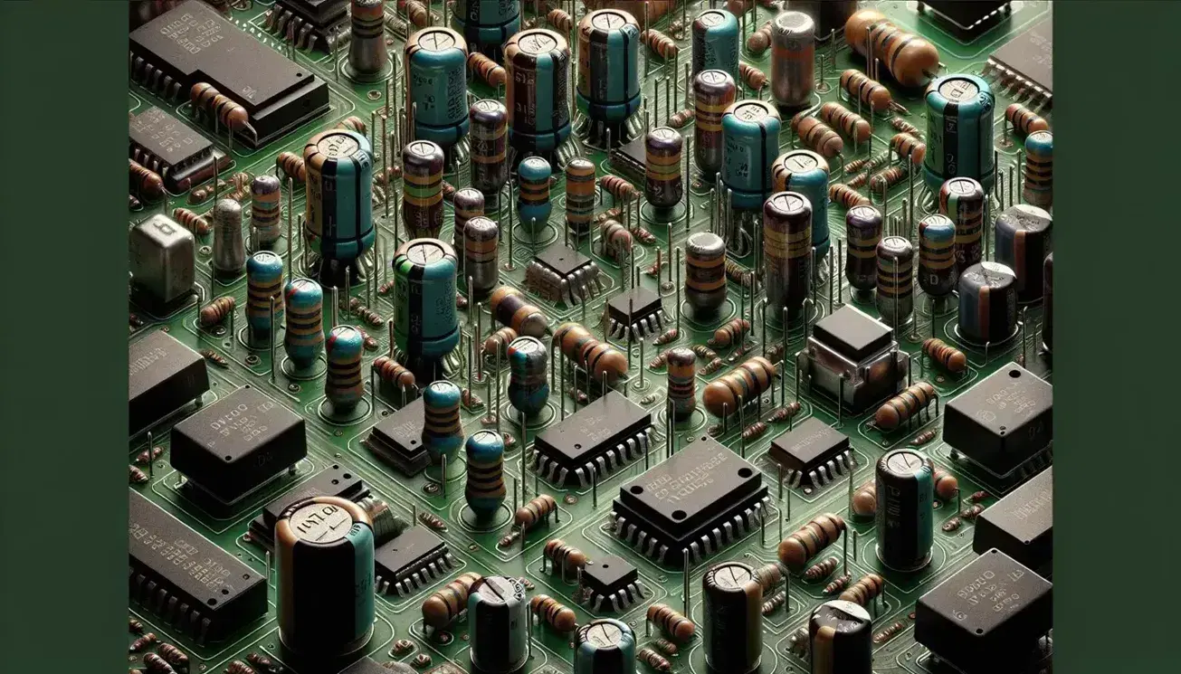 Close-up of a complex electronic board with resistors, capacitors, integrated circuits and transistors on green surface.