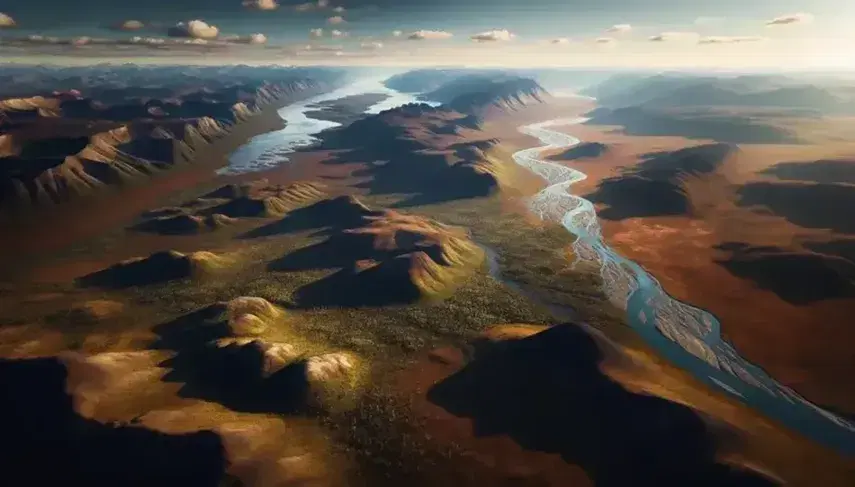 Vista aérea de un paisaje natural con río serpenteante, montañas y un excursionista, reflejando la diversidad de la vegetación y la geografía.
