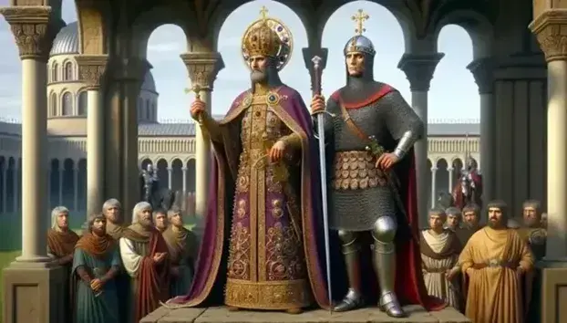 Byzantine emperor in purple robe and jeweled crown next to armored soldier, under blue sky, with Romanesque architecture in the background.