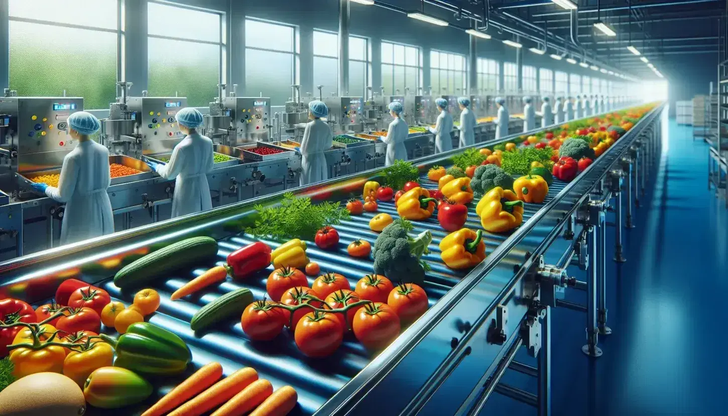 Planta procesadora de alimentos con cinta transportadora de acero inoxidable llevando frutas y verduras frescas, trabajadores en uniforme y maquinaria pulida.