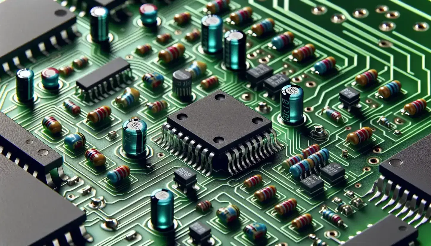 Close-up of a green electronic board with black integrated circuit, colored resistors and yellow-tan ceramic capacitors.