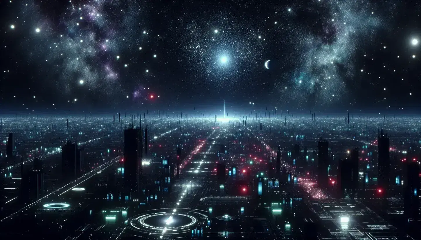Cielo estrellado nocturno sobre ciudad futurista con edificios iluminados, vehículos luminosos y estación espacial en el horizonte.