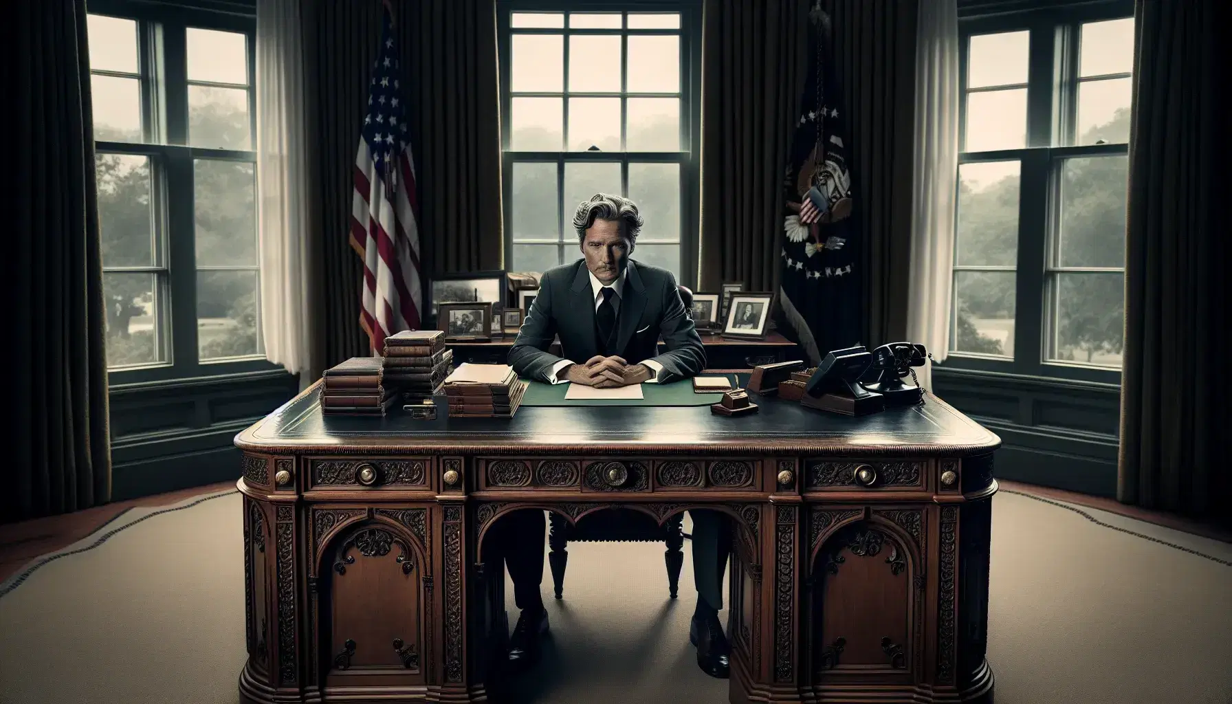 Politician in dark suit at ornate desk with documents, flanked by US and eagle emblem flags, near window and bookshelf in office.