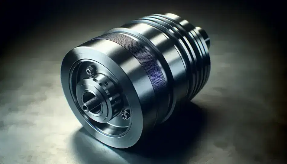 Close-up of a steel-gray metallic shaft with helical grooves and a dark-toned mechanical coupling with bolts, highlighting precision engineering.