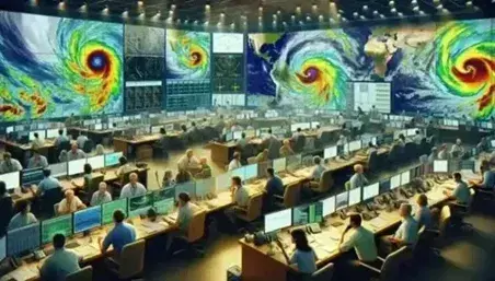Busy emergency operations center with people focused on screens with weather data and radar images of a tropical cyclone.