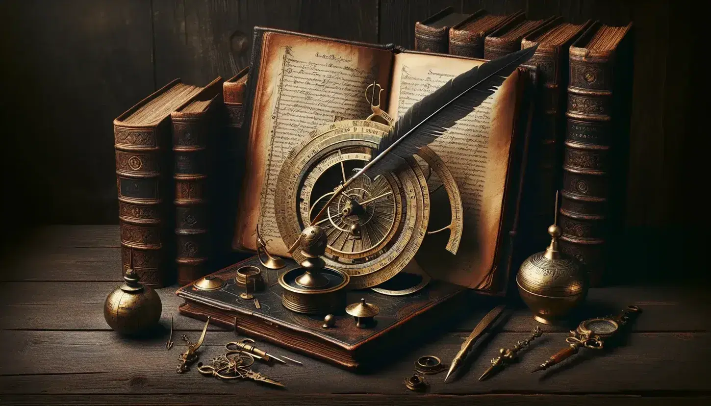 Collection of antique objects with open leather book, quill pen and brass inkwell, astrolabe and hourglass on wooden surface.