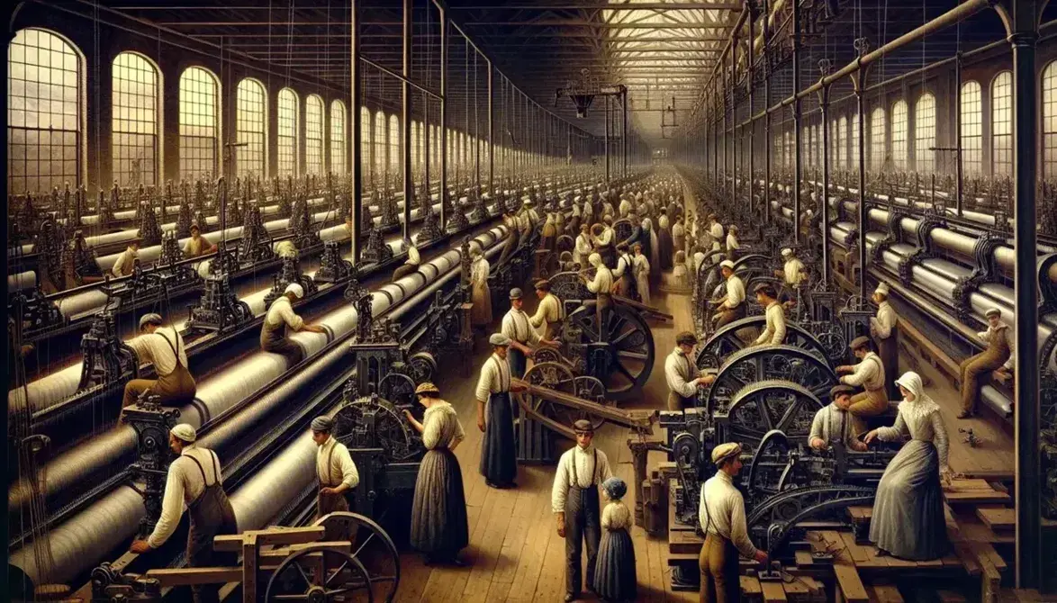 19th-century textile factory floor with diverse workers operating iron looms, belt-driven machinery, and natural light from tall windows.