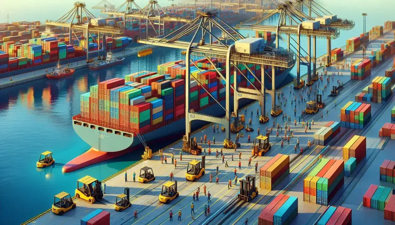 Busy port scene with dock workers loading colorful containers onto a ship with cranes, forklifts in action, and ships on a calm sea under a clear sky.
