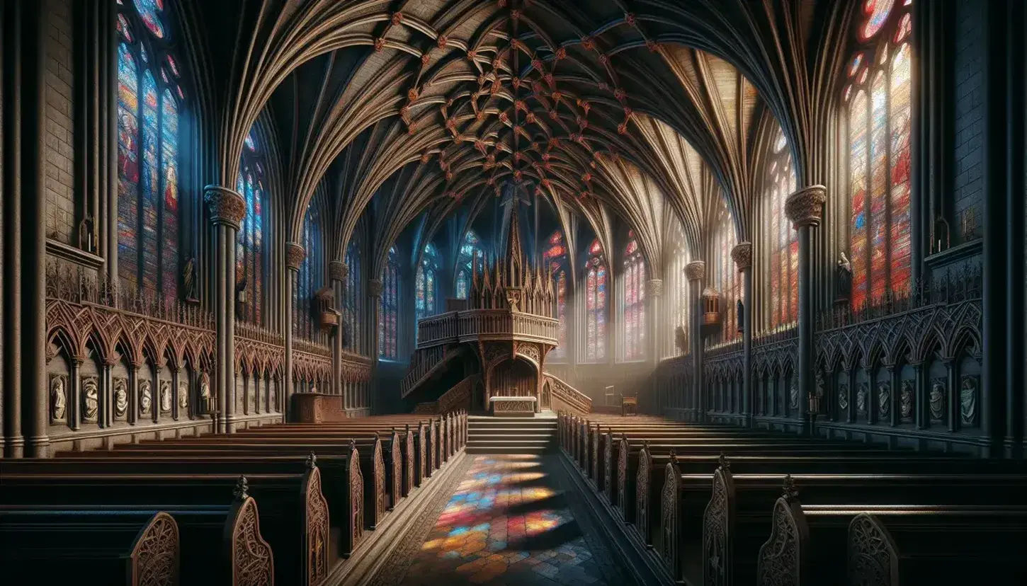 Interno gotico di una chiesa con archi acuti, vetrate colorate, banchi in legno e pulpito centrale, senza persone.