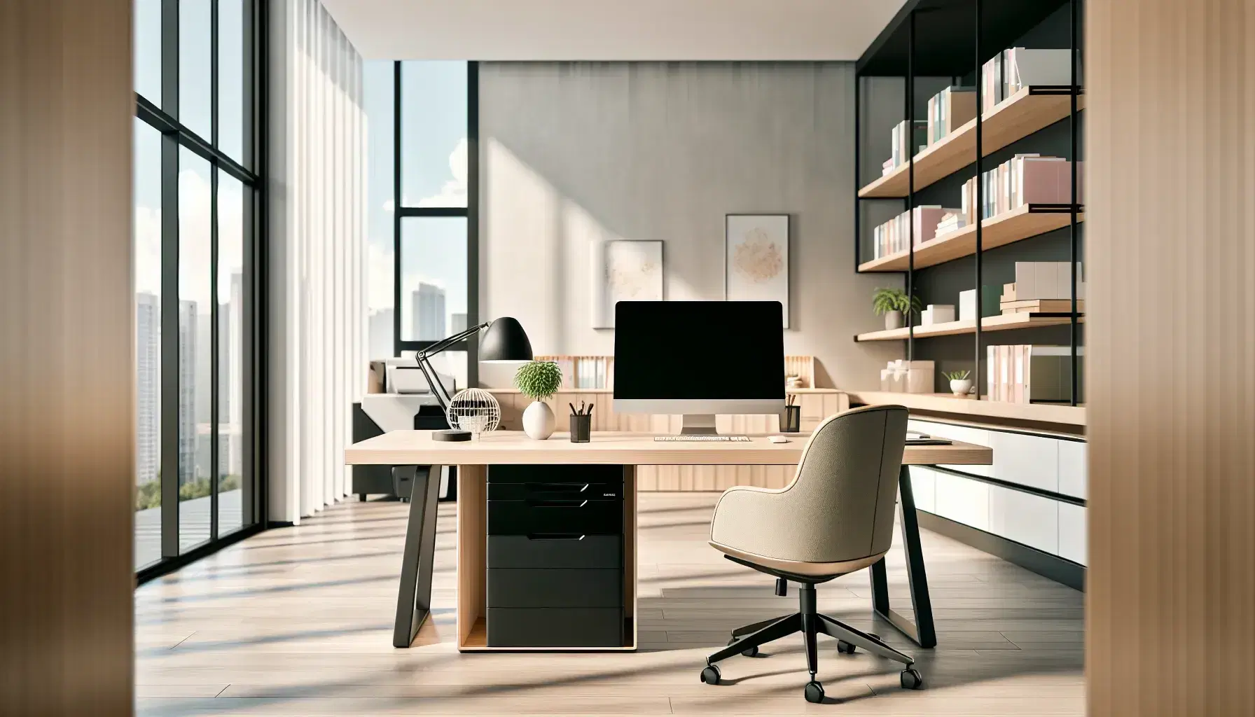 Oficina moderna y luminosa con escritorio de madera, ordenador, silla ergonómica y estantería con libros, junto a ventana con cortinas translúcidas.