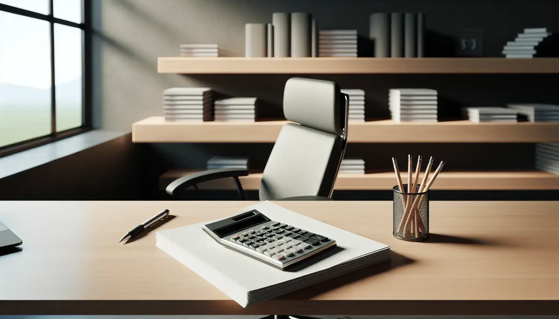 Oficina moderna y minimalista con escritorio de madera, calculadora gris, lápiz mecánico plateado y silla ergonómica negra, junto a estantería con libros y ventana que ilumina suavemente.