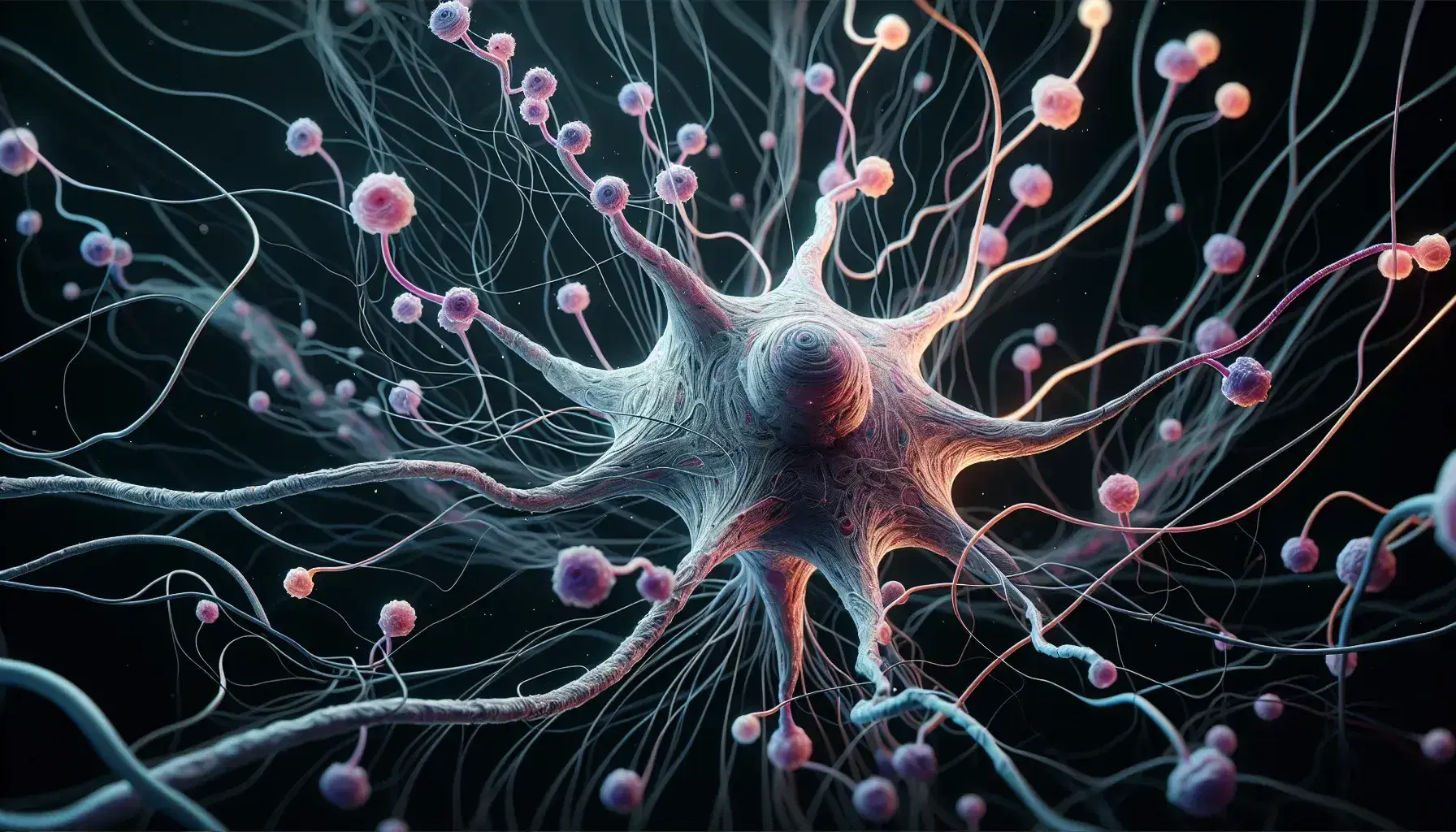 Rete neurale umana dettagliata con neuroni interconnessi, dendriti e assone in evidenza su sfondo blu scuro.