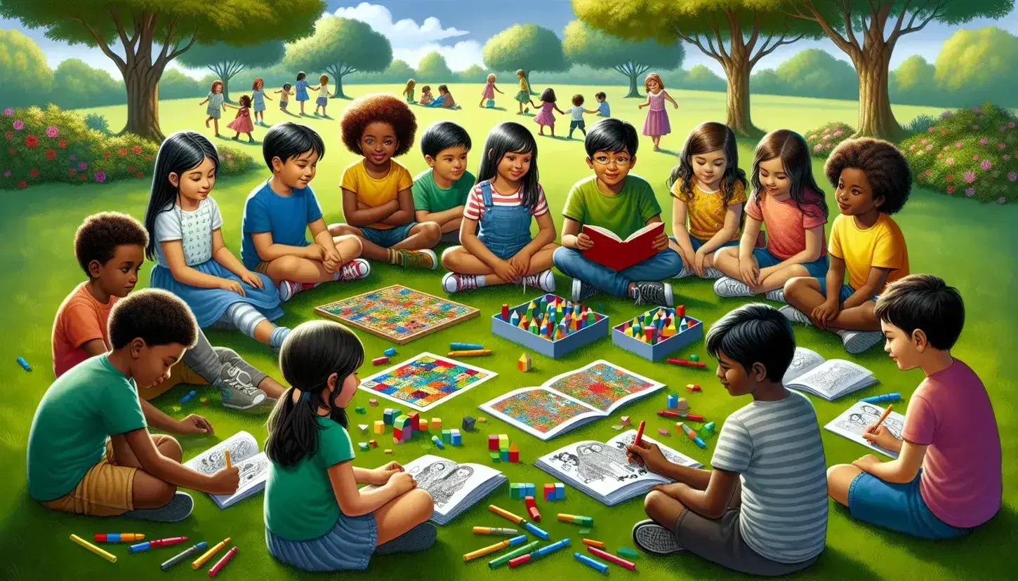 Group of multi-ethnic children sitting on the grass in a park engaging in creative activities, with green trees and blue sky in the background.