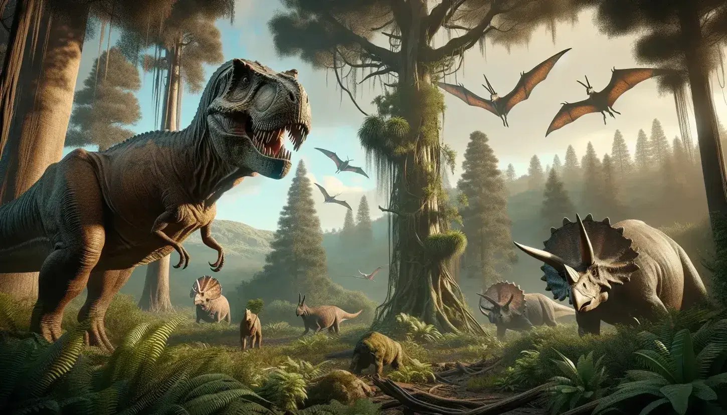 Tyrannosaurus rex marrón y Triceratops verde en hábitat prehistórico con vegetación densa, Pterosaurios volando y cielo despejado.