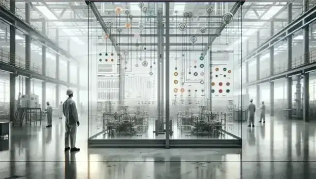 Paneles de vidrio transparentes en secuencia con formas geométricas de colores flotantes en un espacio industrial, con una persona en equipo de seguridad observando atentamente.