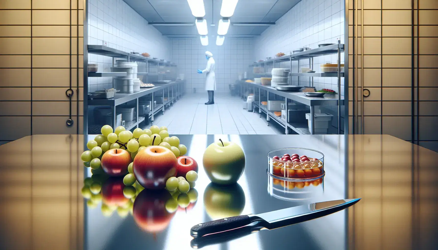 Cocina industrial luminosa con mesa de acero inoxidable, alimentos frescos como uvas y manzana, cuchillo de chef y persona examinando sustancia en Petri.