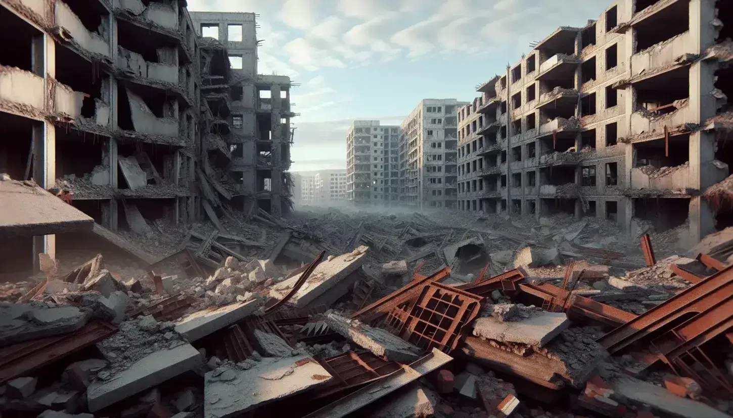 Paesaggio urbano devastato da guerra con strutture in cemento crollate, travi arrugginite e edifici vuoti sotto un cielo azzurro.