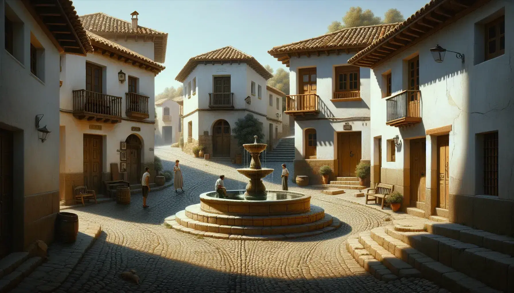 Serene Spanish village scene with terracotta-roofed houses, a cobblestone street leading to a fountain plaza, and locals chatting under a clear blue sky.