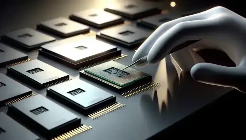 Microprocessori elettronici allineati su tavolo scuro con connessioni dorate, mano con guanto antistatico e pinzetta in sfondo.
